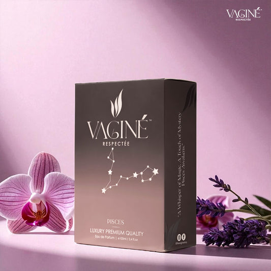 Luxury perfume for women Vaginé Respectée Pisces edition with elegant packaging and floral accents.